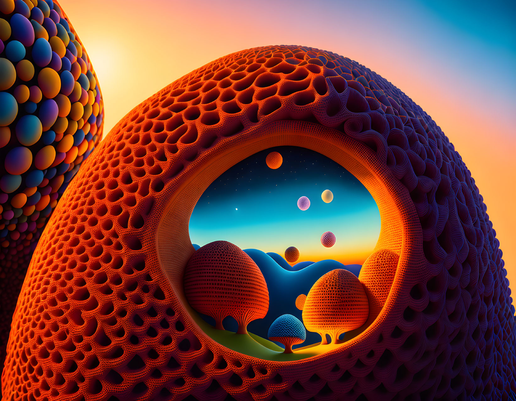 Colorful Surreal Landscape with Nested Orange Spheres and Moons