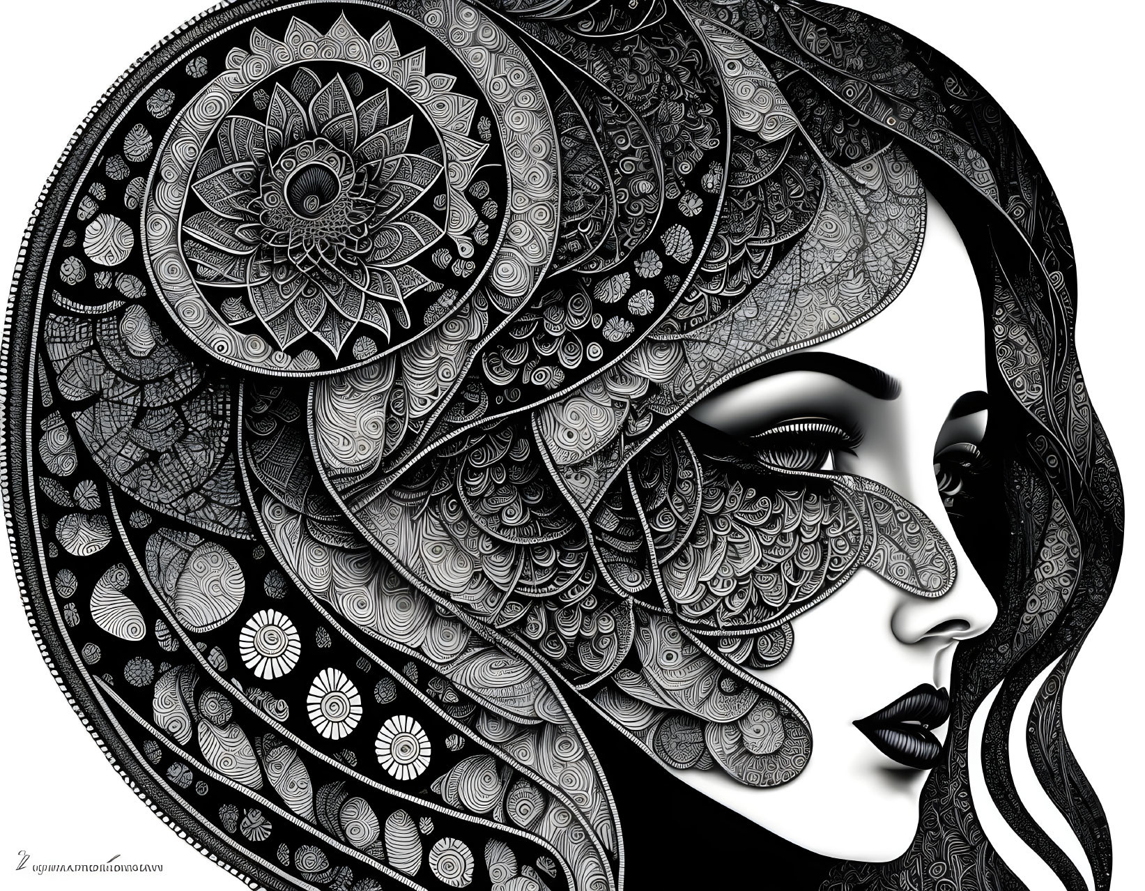 Monochrome woman profile illustration with intricate mandala-like patterns