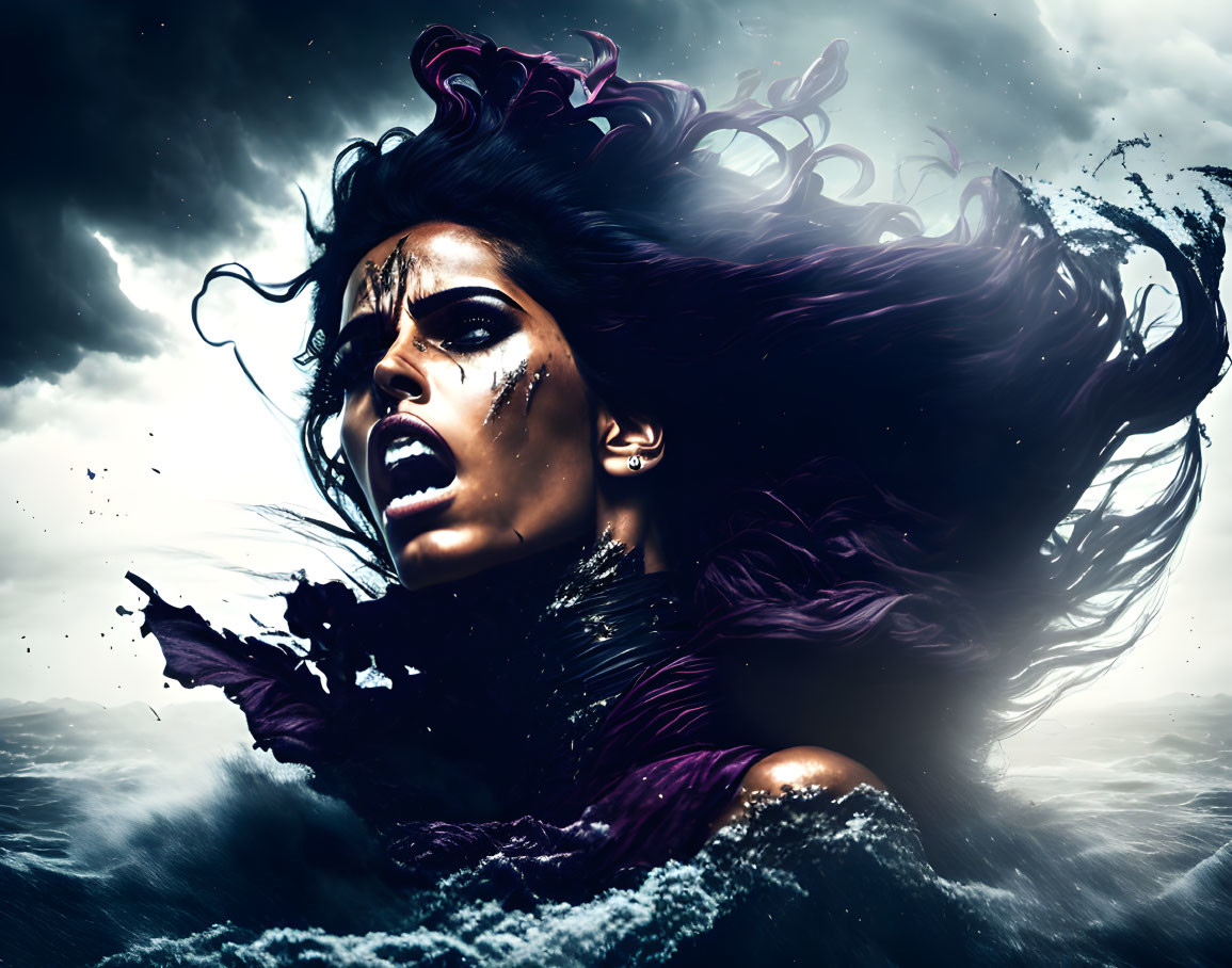 Dramatic image of woman with dark hair in stormy sea and clouds