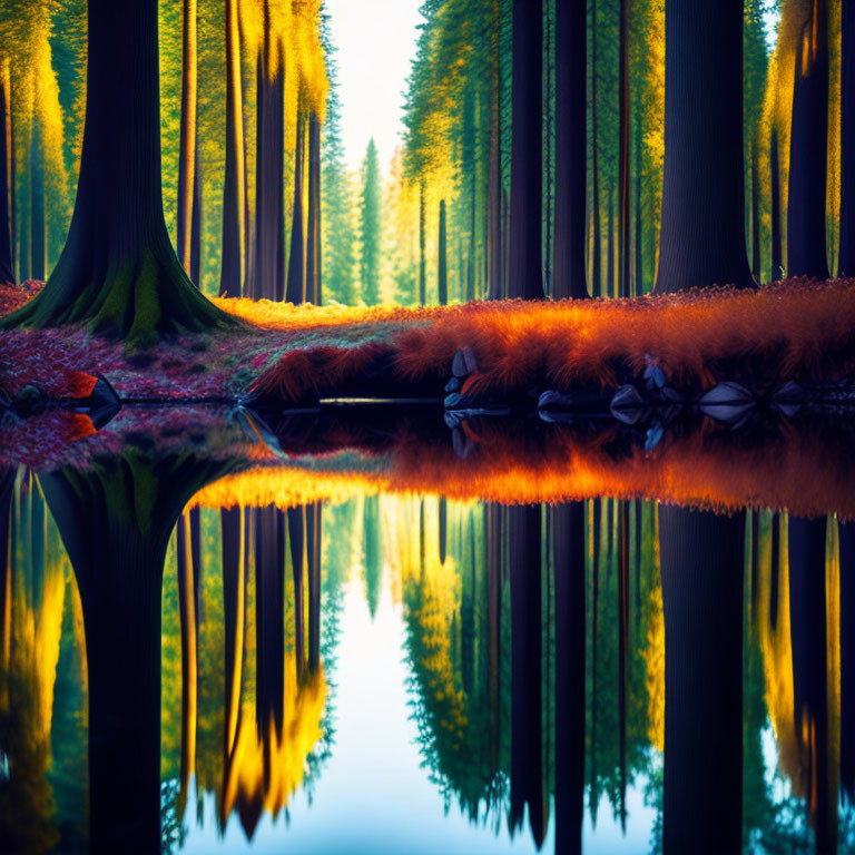 Tranquil autumn forest reflected in glassy pond