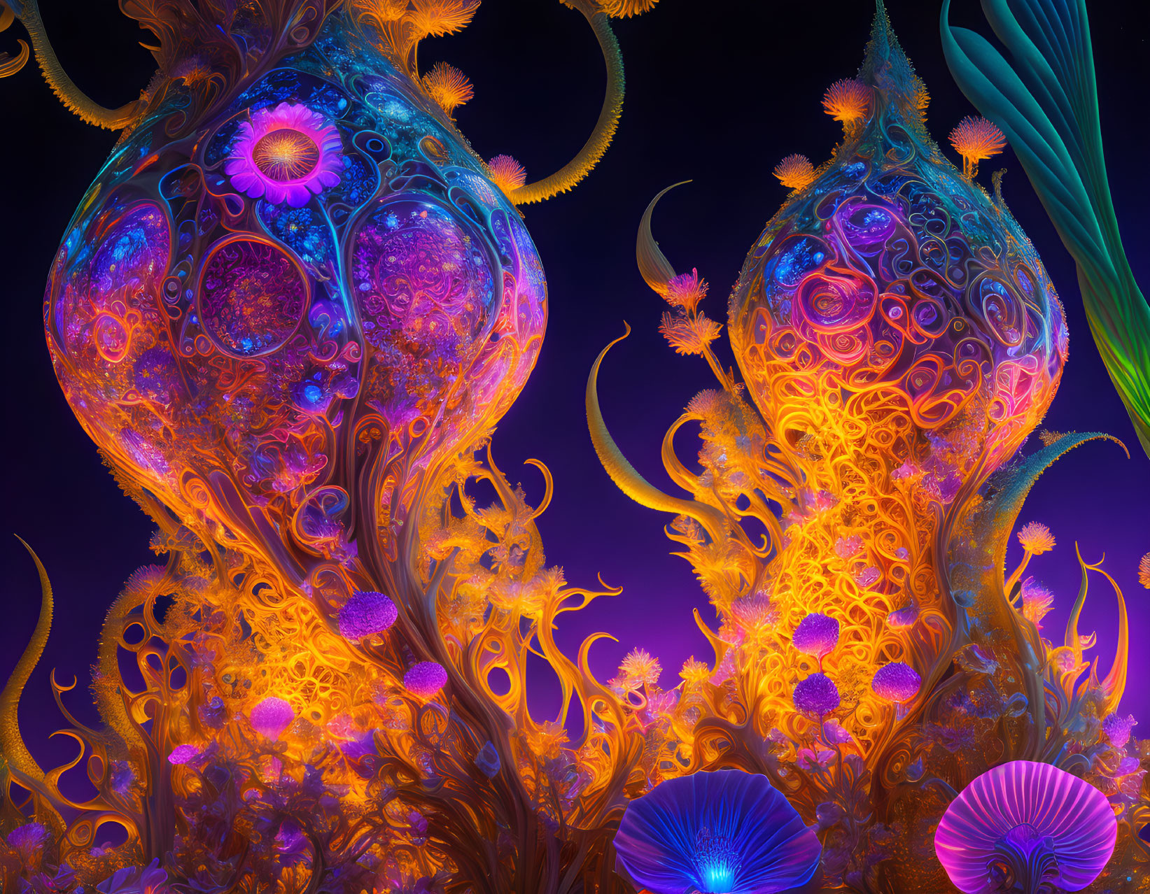 Colorful Fractal Art: Intricate Patterns in Blues, Oranges, and Purples