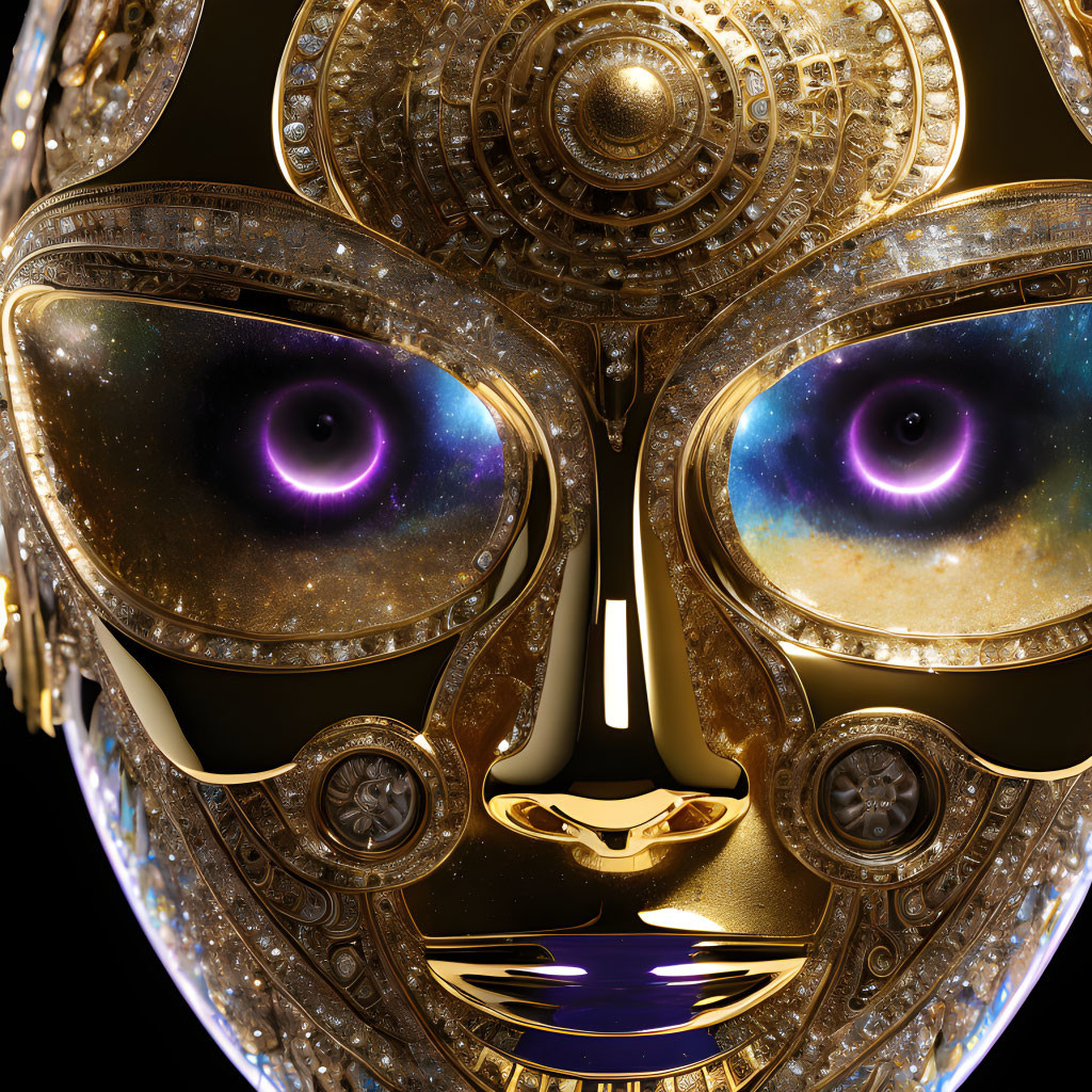 Golden Mask with Cosmic Galaxy Eyes and Intricate Patterns on Black Background