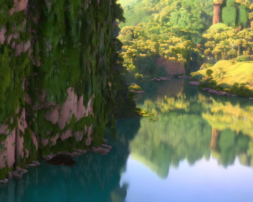 Tranquil River Landscape with Greenery and Cliffs