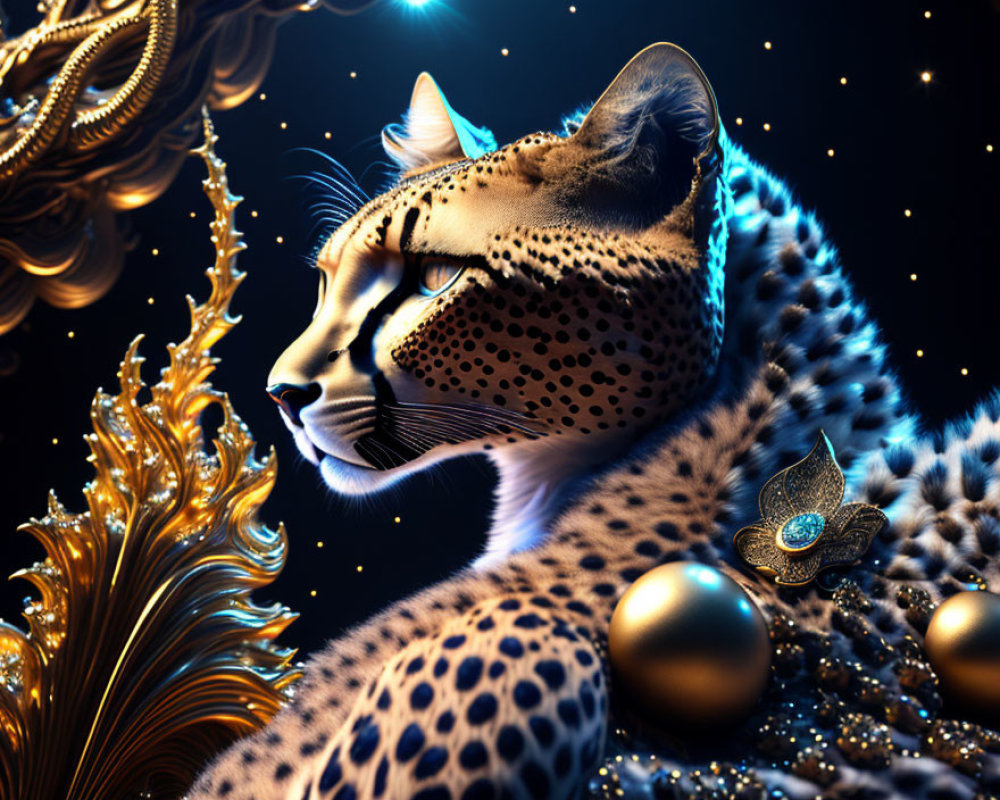 Majestic cheetah digital art with gold ornaments on cosmic backdrop