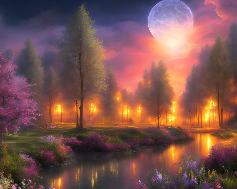 Twilight landscape with full moon, illuminated trees, serene river, blooming flowers, purple and orange