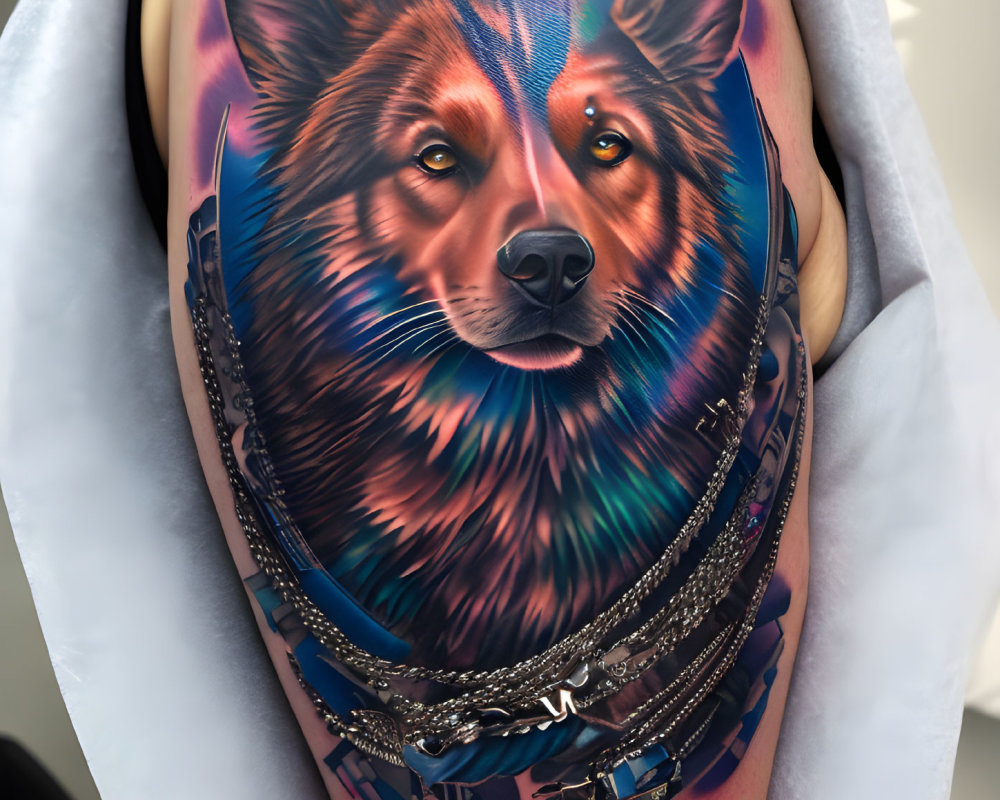 Vibrant dog face tattoo with chain collar on arm