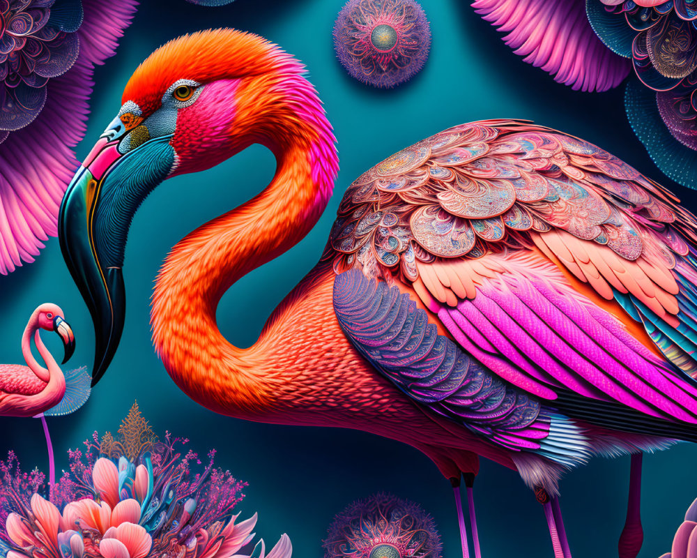 Detailed digital artwork of stylized pink flamingos in ornate tropical setting