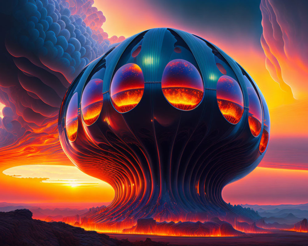 Futuristic spherical structure in surreal landscape with vibrant sky