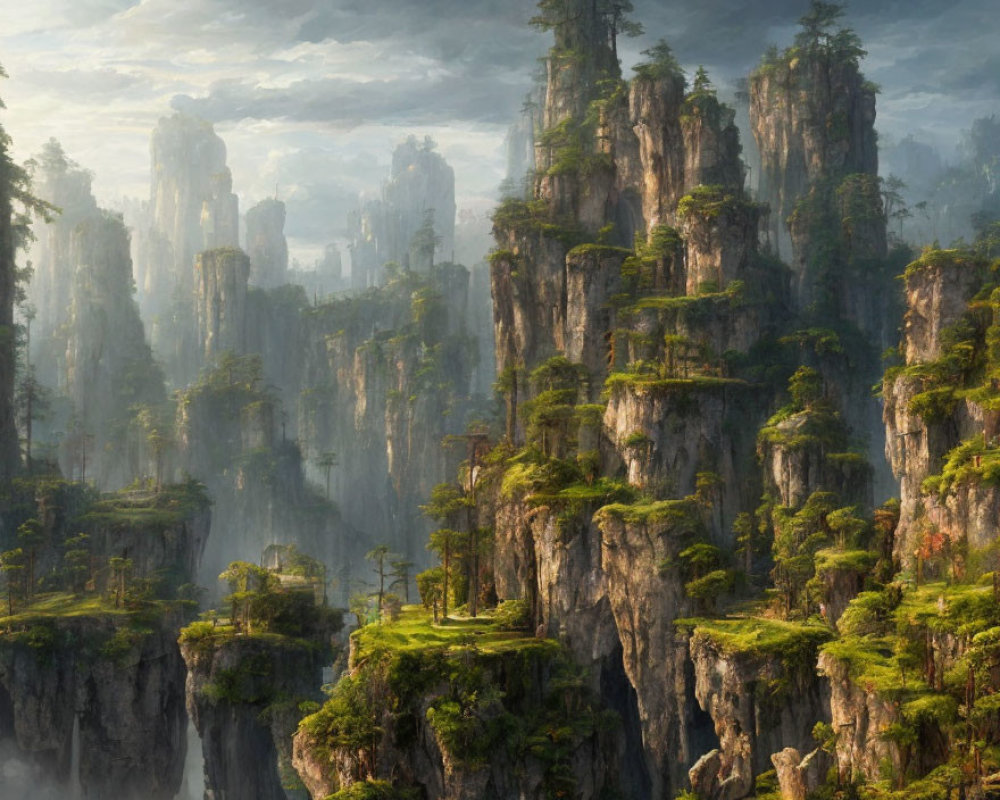 Majestic mist-covered rock formations with lush greenery - a serene landscape