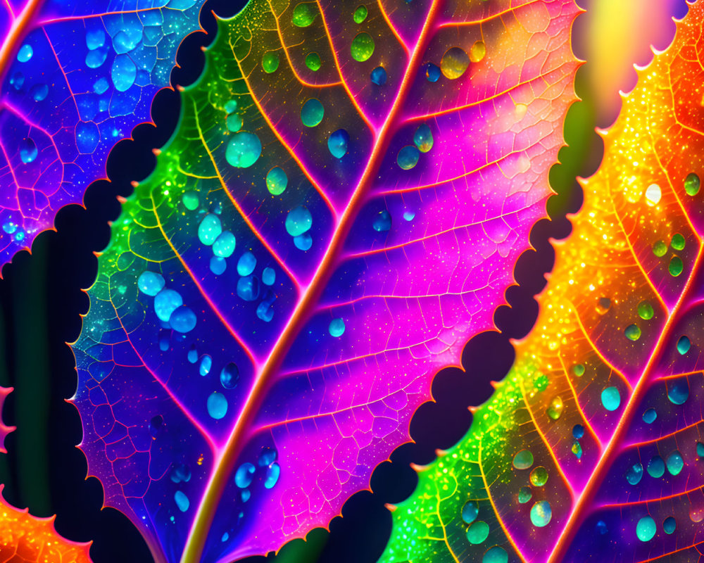 Colorful digitally-enhanced leaves with water droplets and intricate vein patterns.