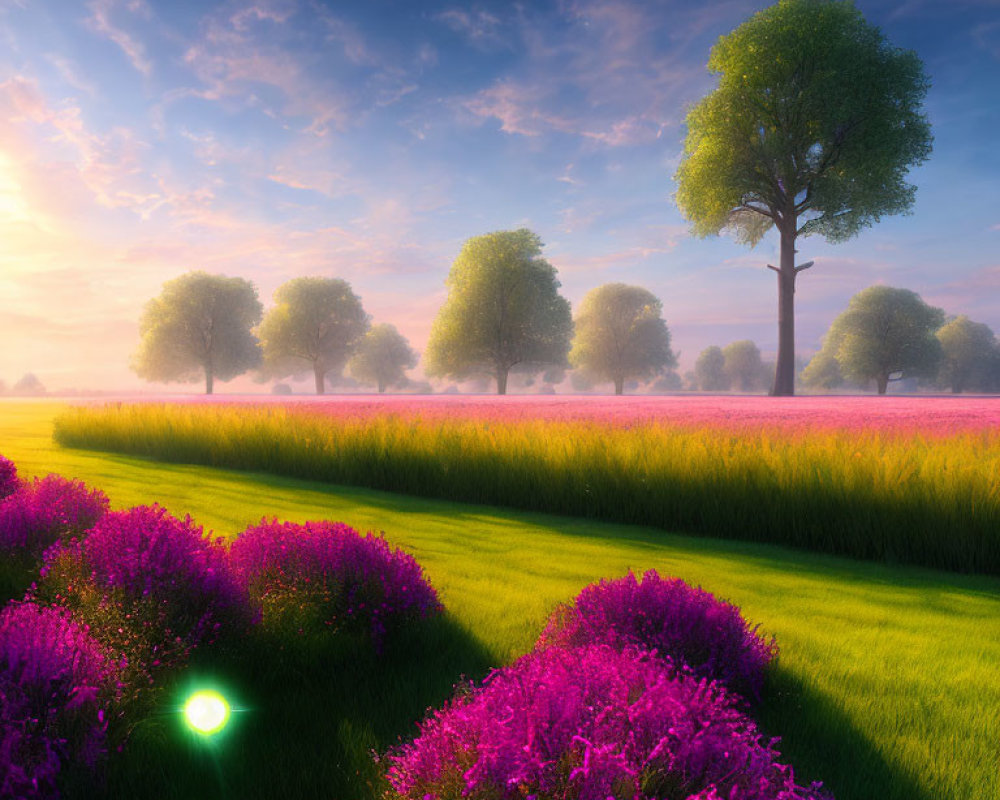 Tranquil Sunrise Landscape with Purple Flowers and Row of Trees