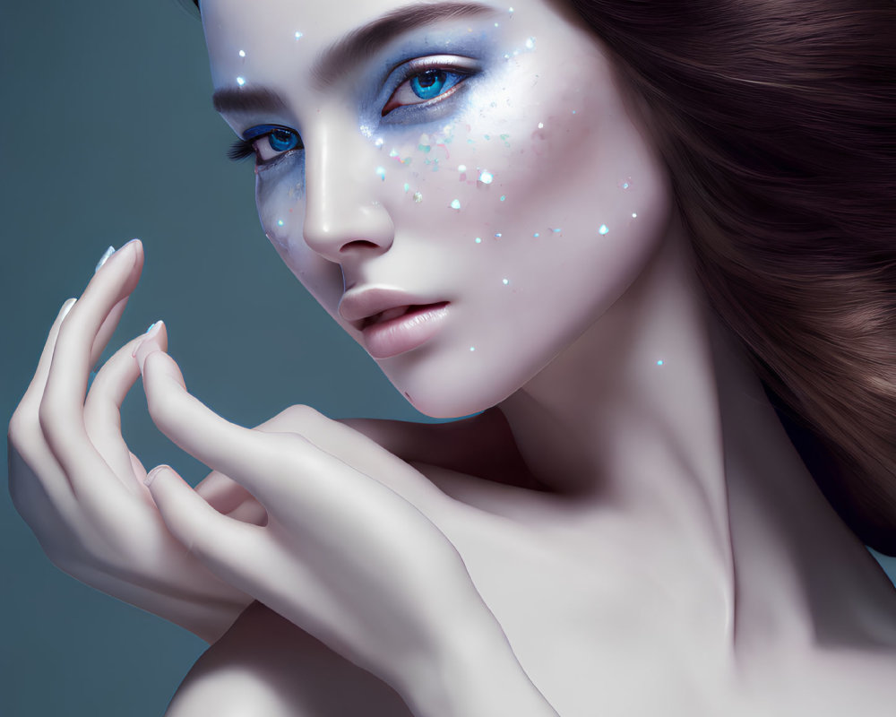 Portrait of woman with blue-themed makeup and sparkles, hands near chin