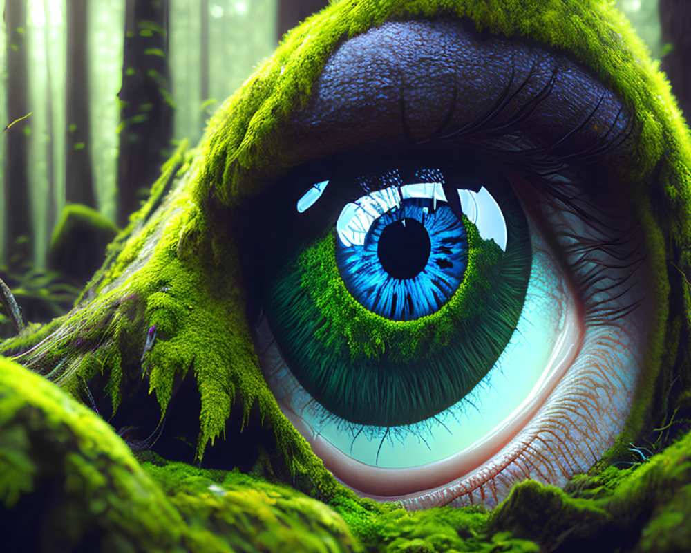 Fantastical close-up of large blue-green eye with mossy textures