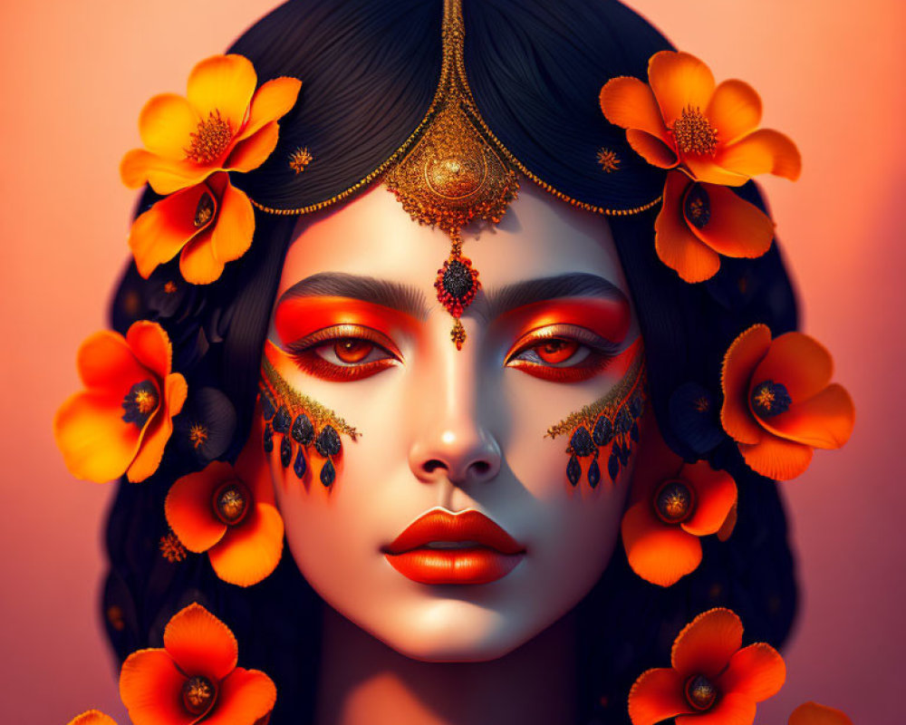 Woman with Orange Flowers and Gold Jewelry in Digital Art