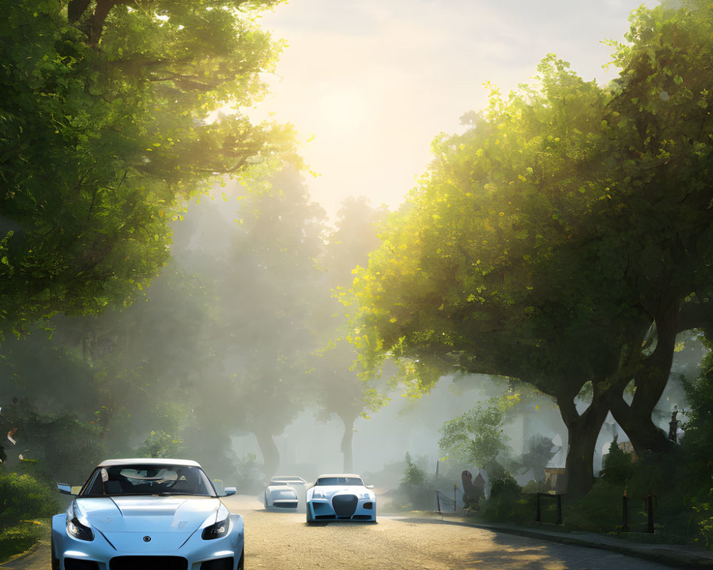 Sunrise scene on tree-lined road with sports car and mist