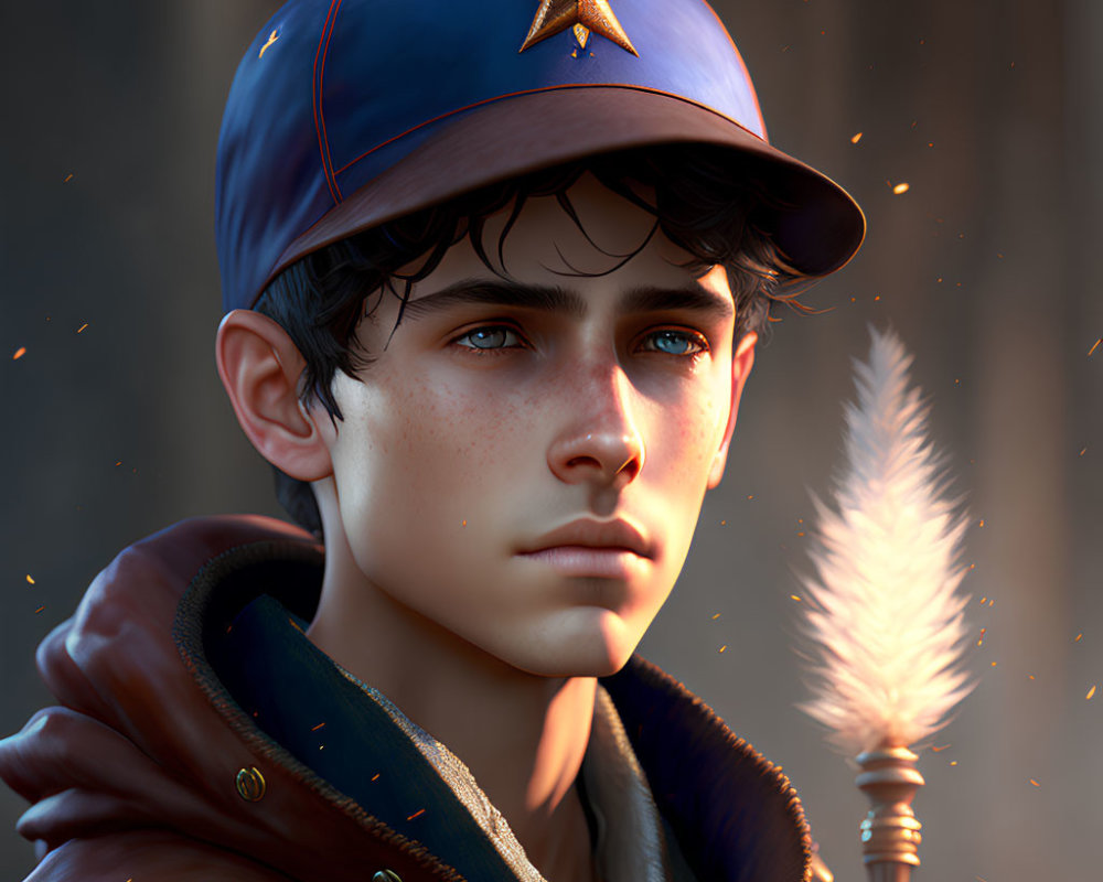 Young male digital portrait with brown hair, blue eyes, star-embellished cap, brown jacket