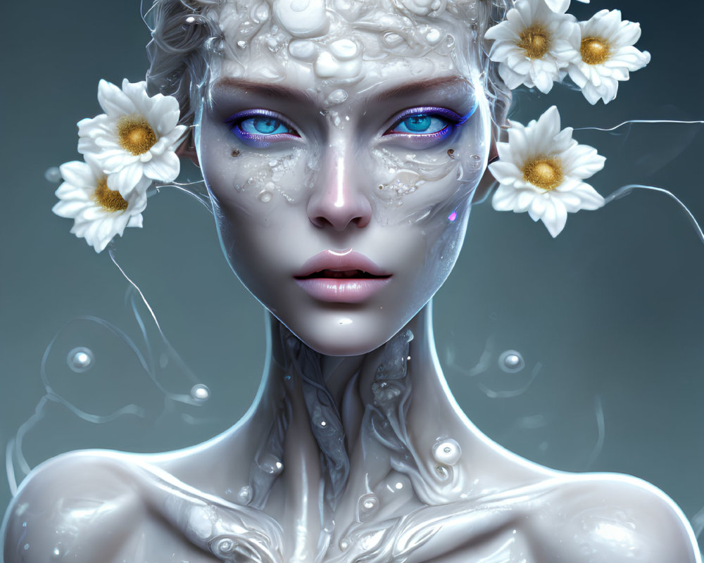 Fantasy digital art of porcelain-skinned female with blue eyes and floral adornments