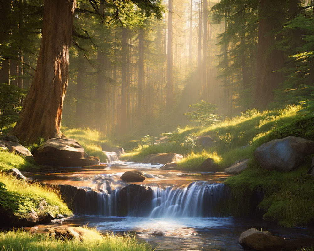 Tranquil forest with cascading stream and sunlight filtering through trees