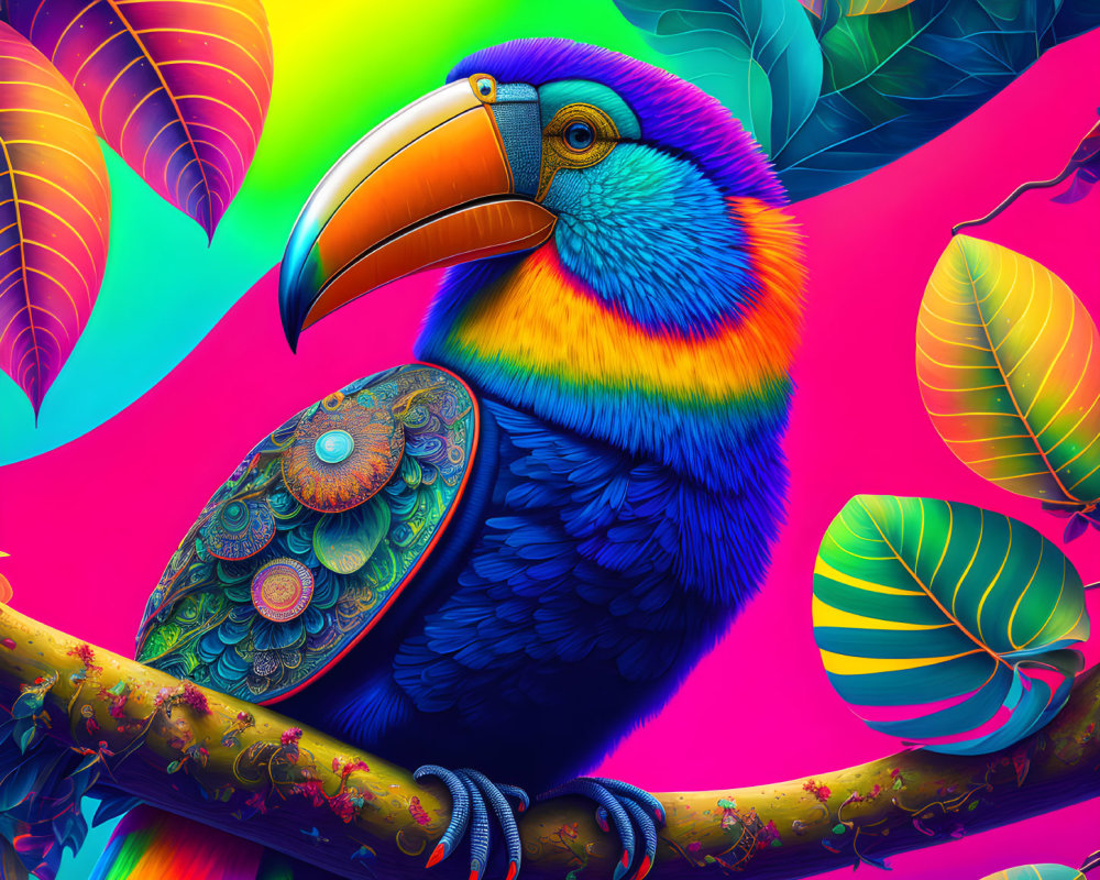 Colorful Toucan Artwork with Rainbow Palette and Kaleidoscope Leaves