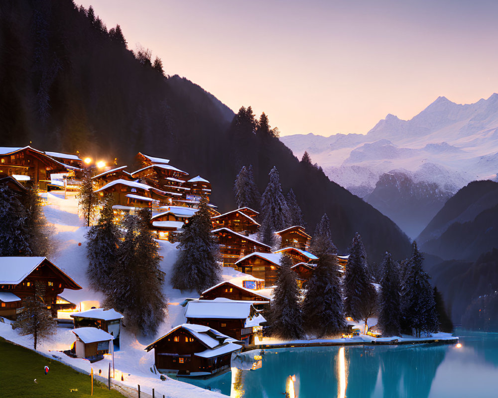 Snow-covered mountain village at twilight with glowing chalet lights reflected on lake