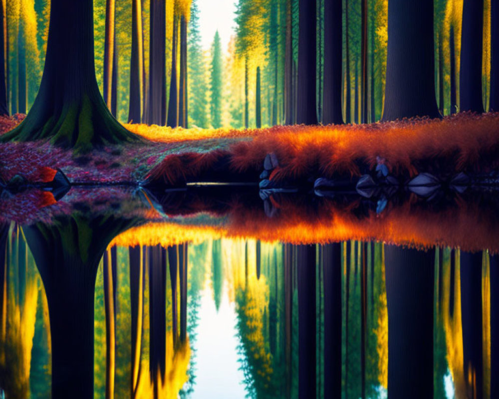 Tranquil autumn forest reflected in glassy pond