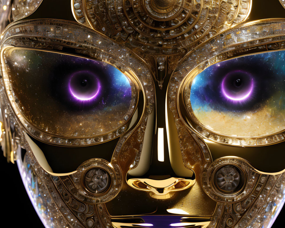 Golden Mask with Cosmic Galaxy Eyes and Intricate Patterns on Black Background