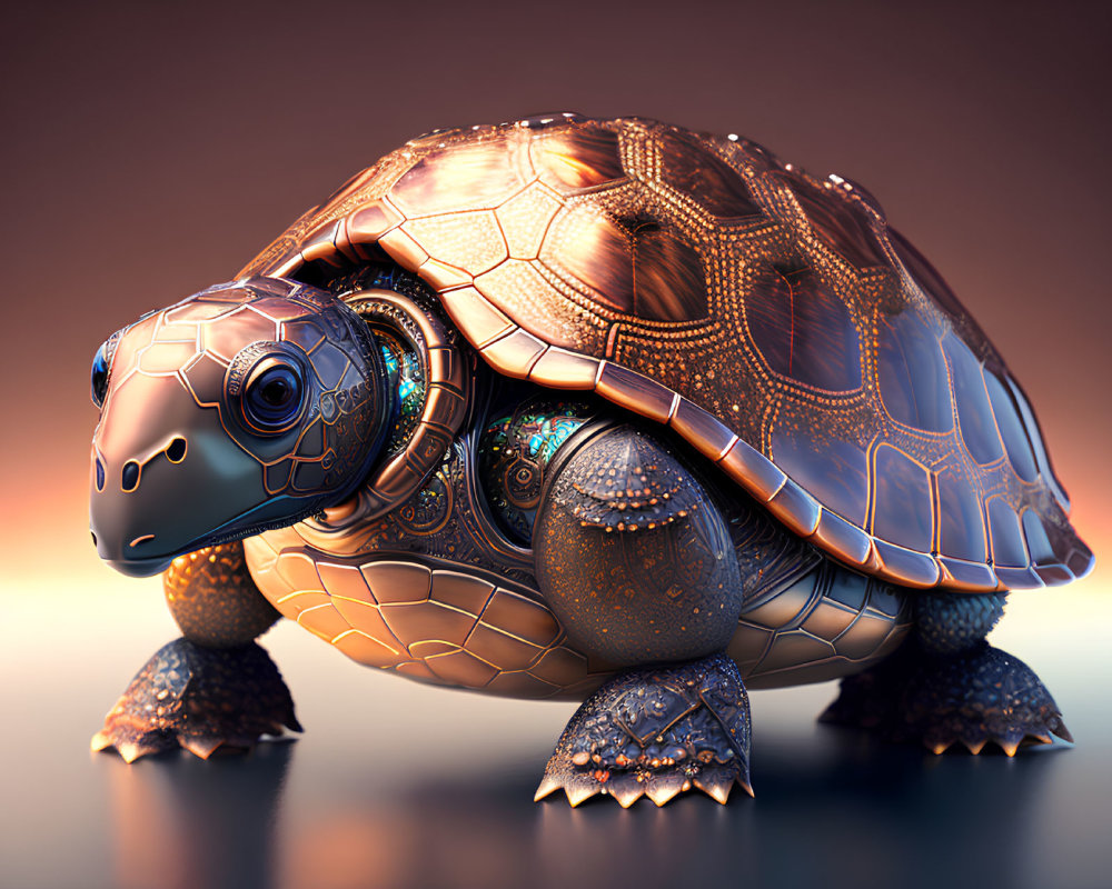 Detailed Robotic Turtle with Copper Plating on Warm Amber Background