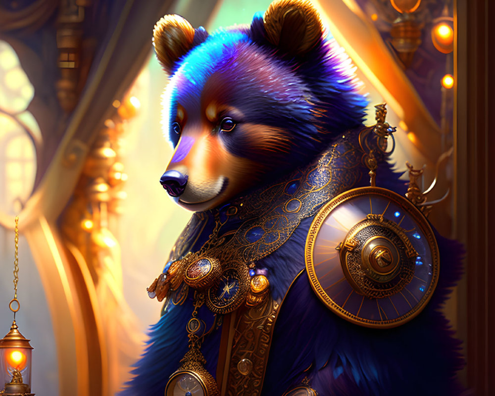 Regal anthropomorphic panda in gold-trimmed attire in ornate interior