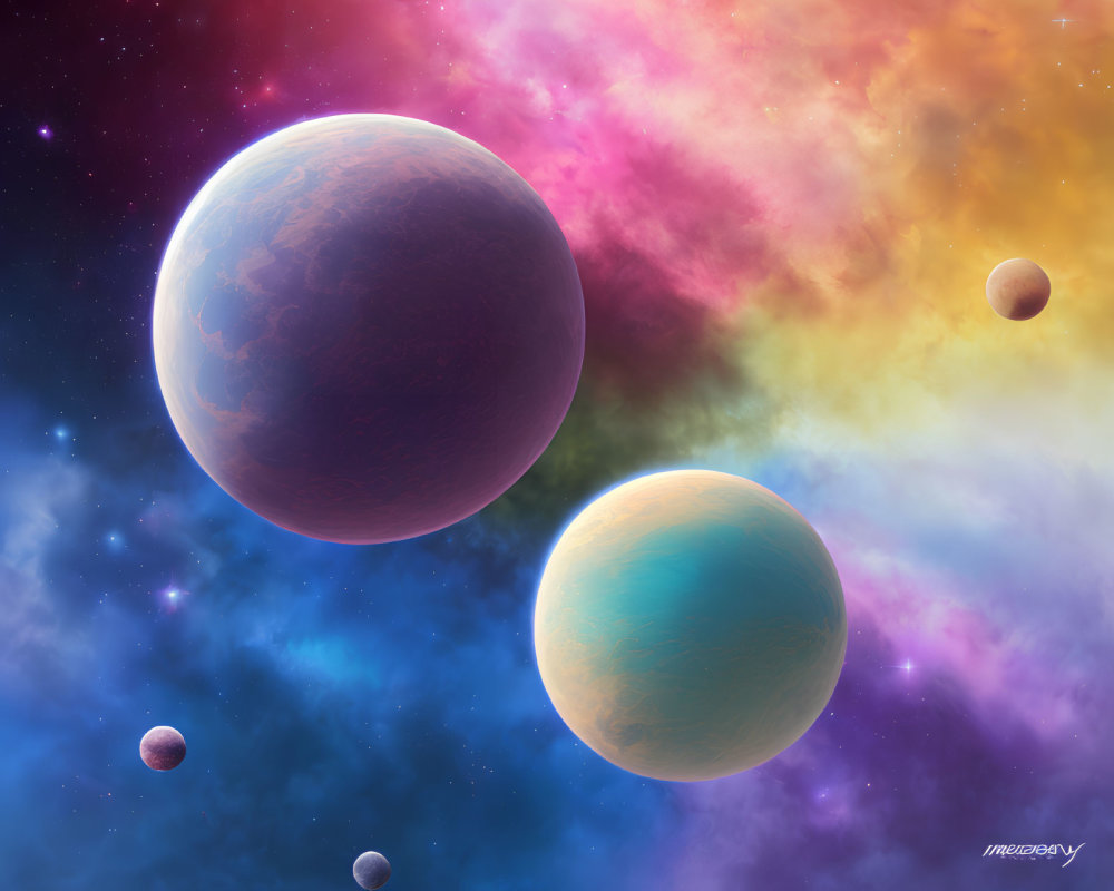 Colorful cosmic scene with multiple planets against vibrant nebula background