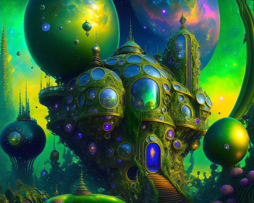 Colorful Fantasy Landscape with Dome Structure and Floating Spheres