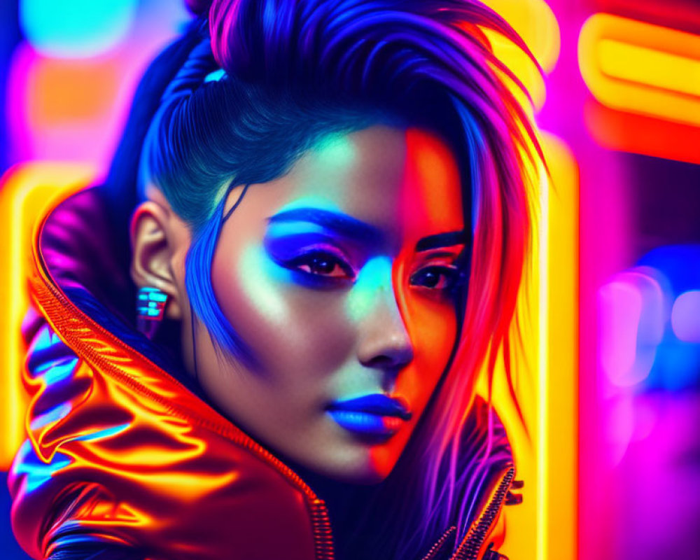 Woman with blue makeup and red jacket under neon lights at night