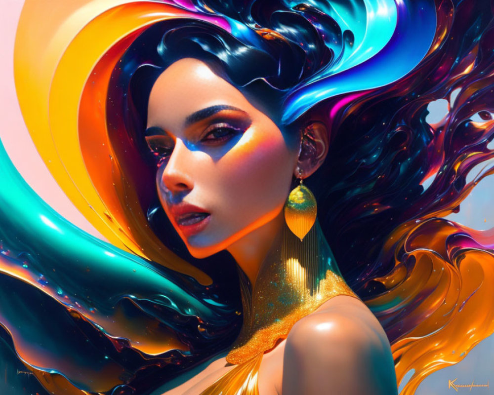 Colorful Abstract Digital Artwork: Woman with Flowing Hair