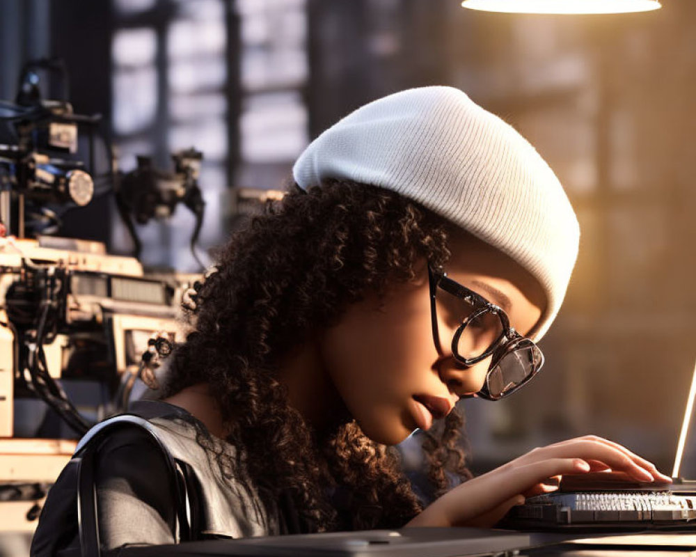 Person with curly hair and glasses typing at desk with complex equipment