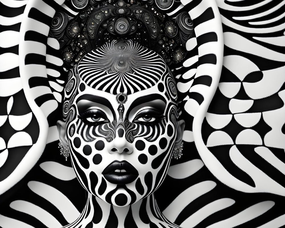 Monochromatic surreal image of woman with intricate patterns on face and body against swirling background