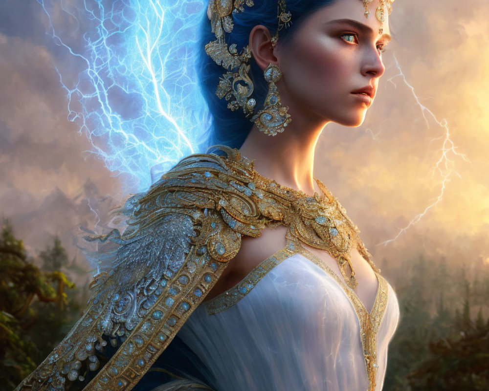 Striking blue attire woman in mystical landscape with lightning