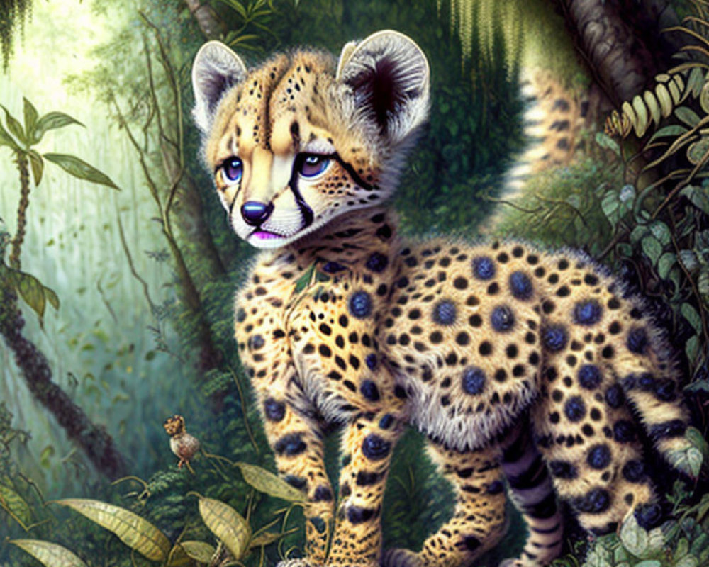 Whimsical cheetah cub in lush forest scene