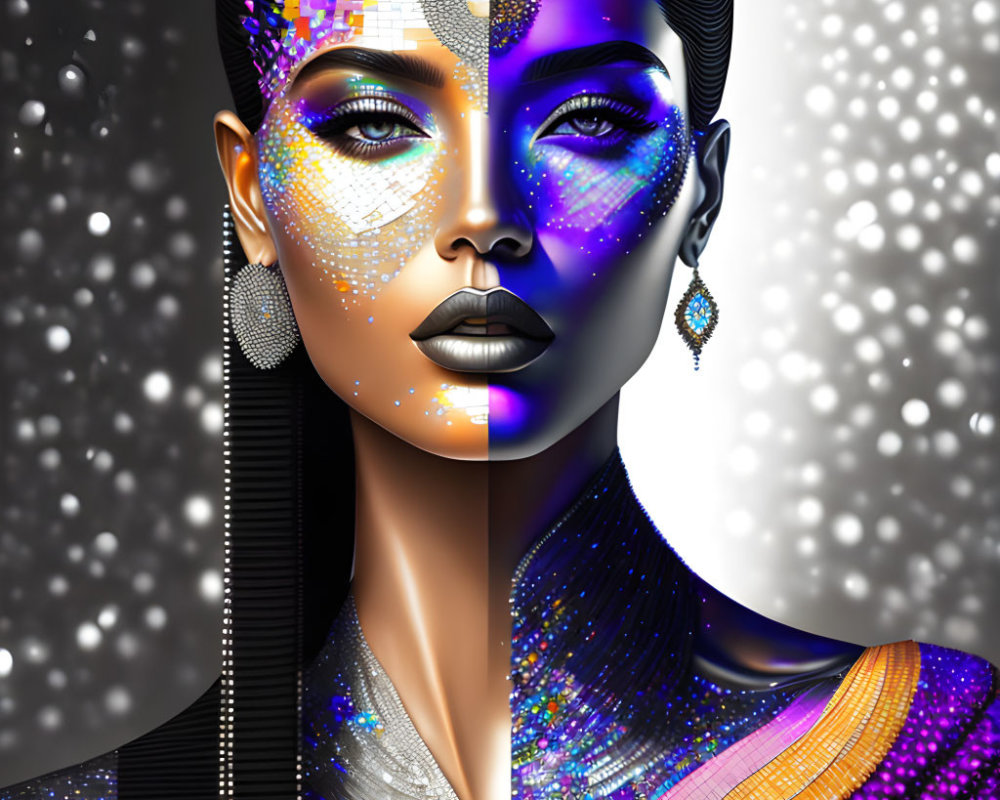 Digital artwork featuring dual-themed woman's face: natural human features vs. vibrant, cosmic stylized elements