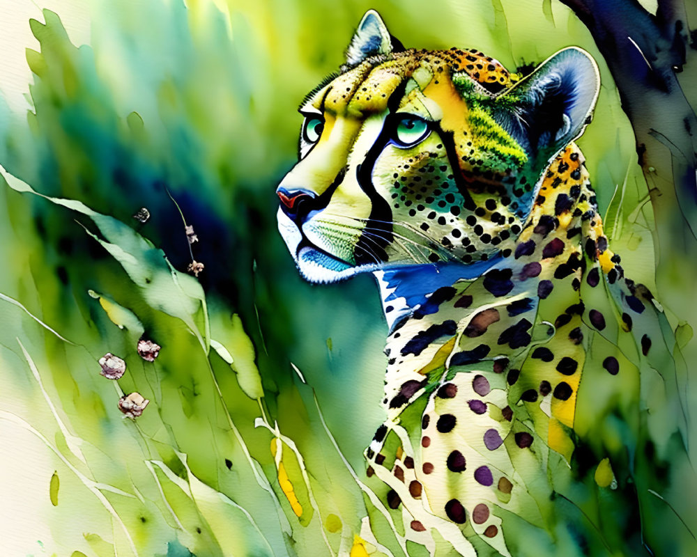 Vivid Watercolor Illustration of Leopard in Lush Green Jungle