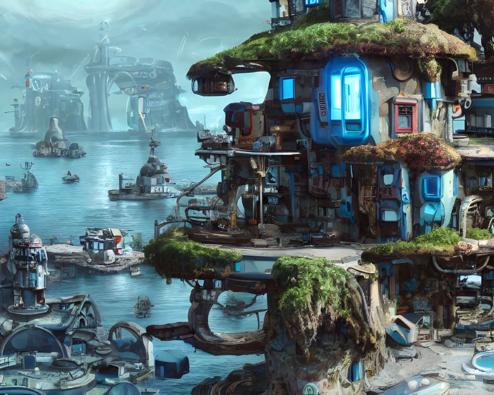 Futuristic aquatic cityscape with floating islands and high-tech buildings