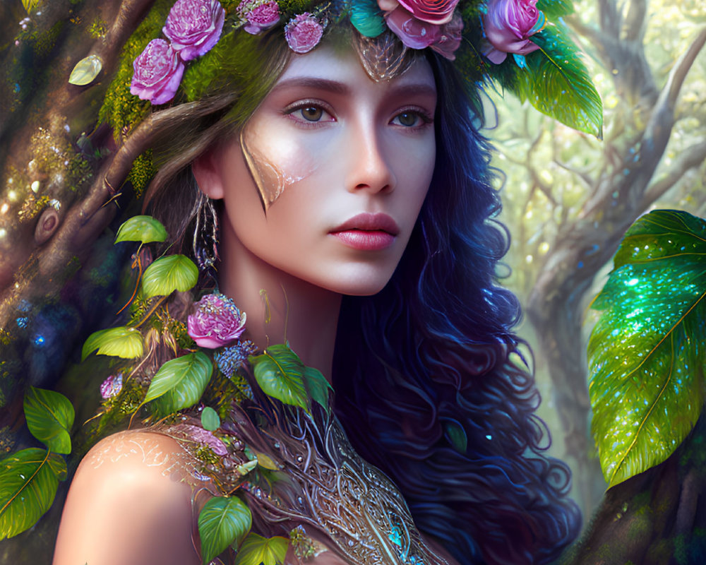 Fantasy portrait of a woman with floral crown and nature-inspired body art