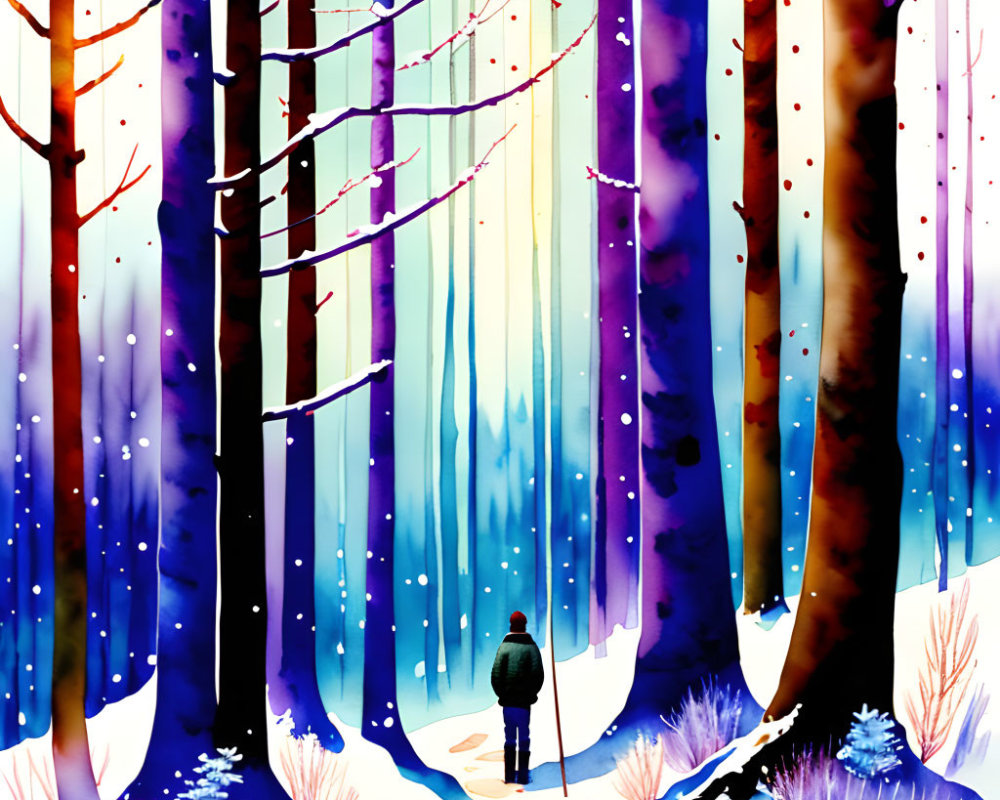 Vibrant snowy forest scene with colorful person illustration