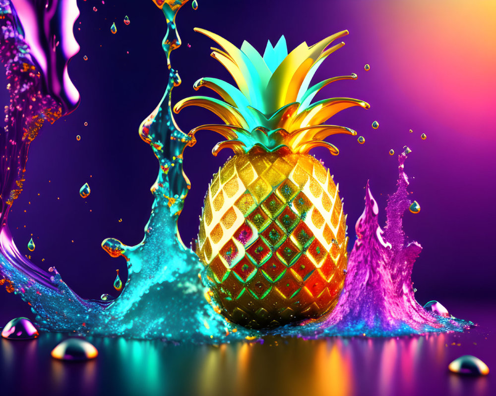 Colorful Stylized Golden Pineapple Surrounded by Blue and Purple Liquid Splashes on Multicol