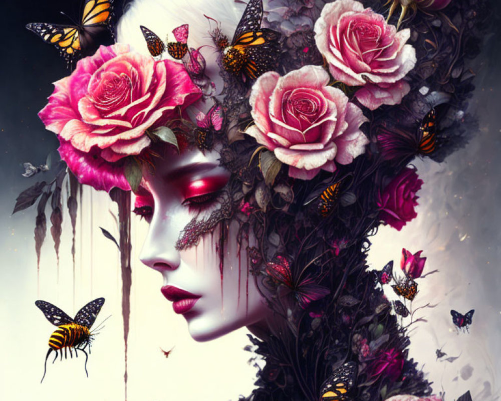 Surreal portrait of a woman with blooming roses and butterflies