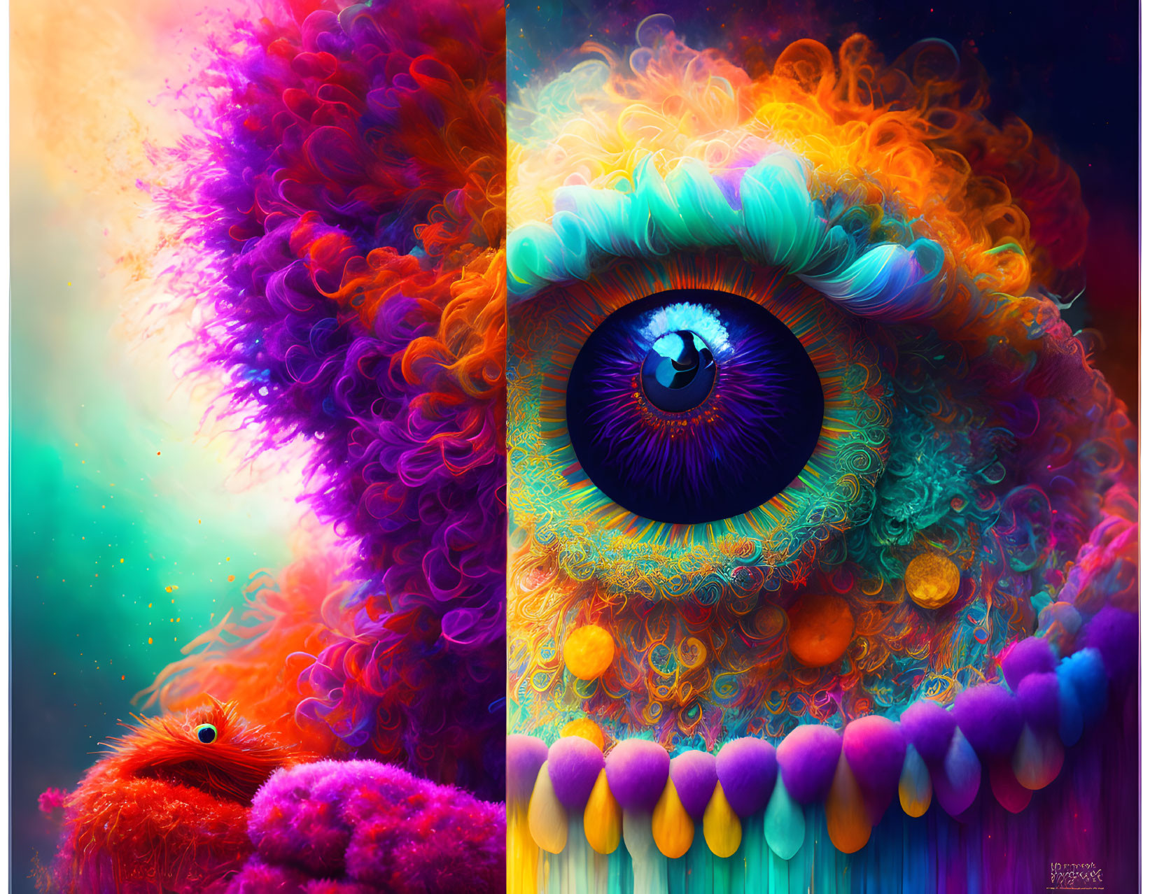 Colorful Creature Illustration with Detailed Eye and Dreamlike Background