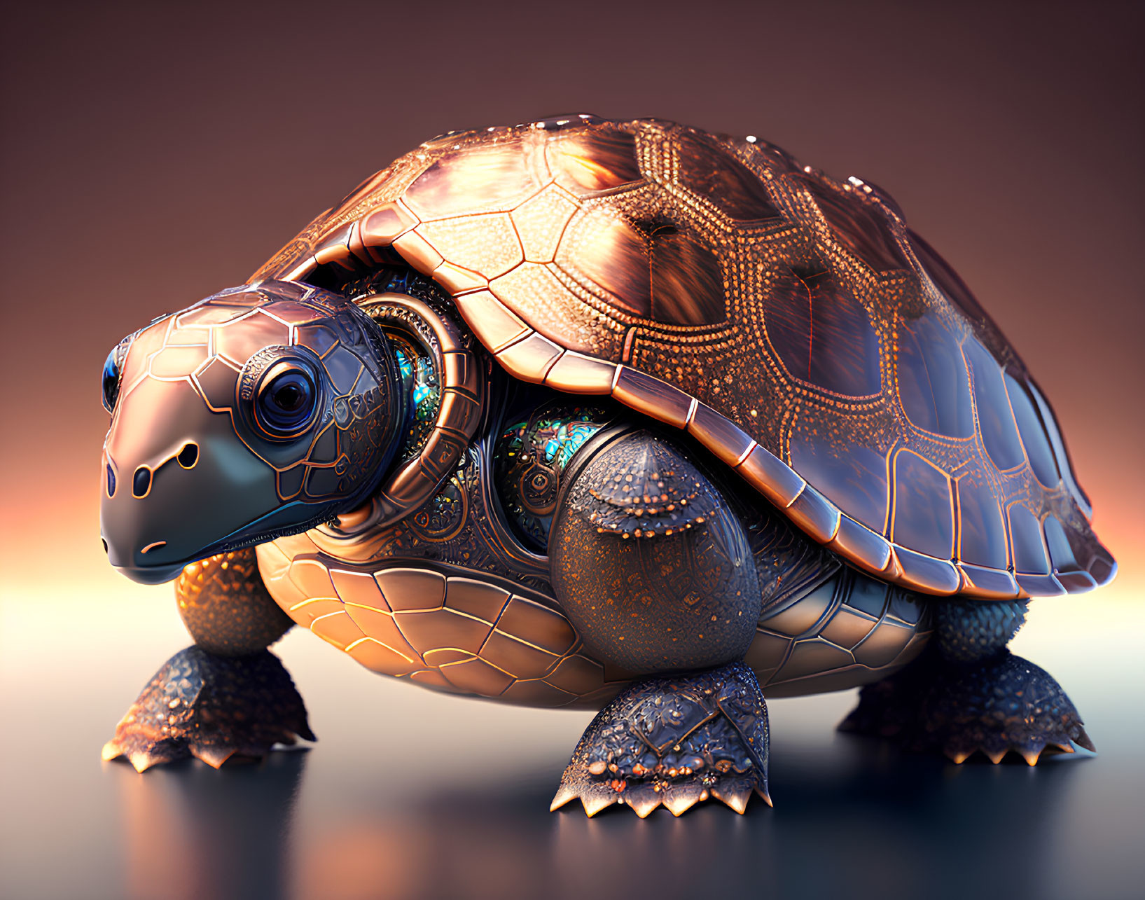 Detailed Robotic Turtle with Copper Plating on Warm Amber Background