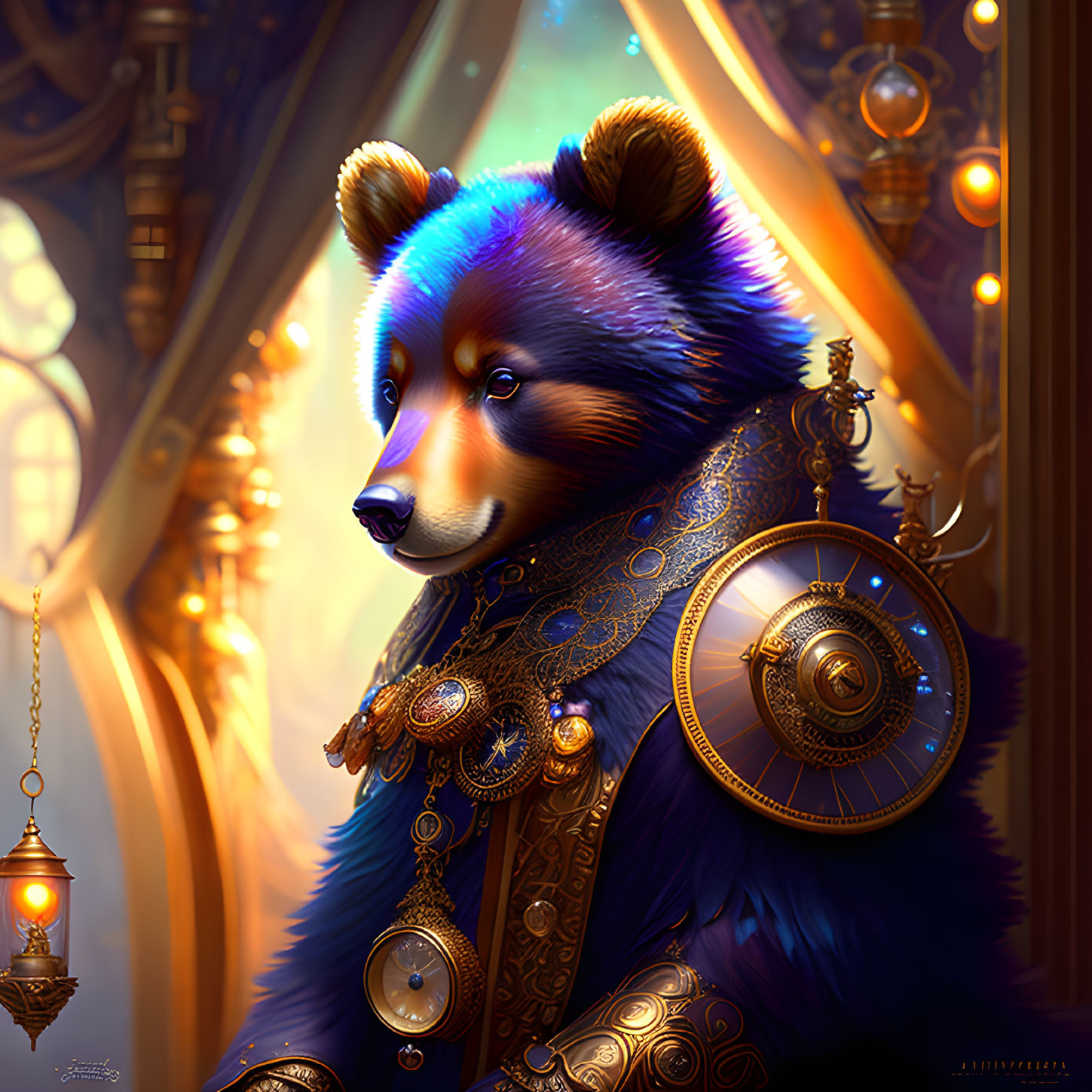 Regal anthropomorphic panda in gold-trimmed attire in ornate interior