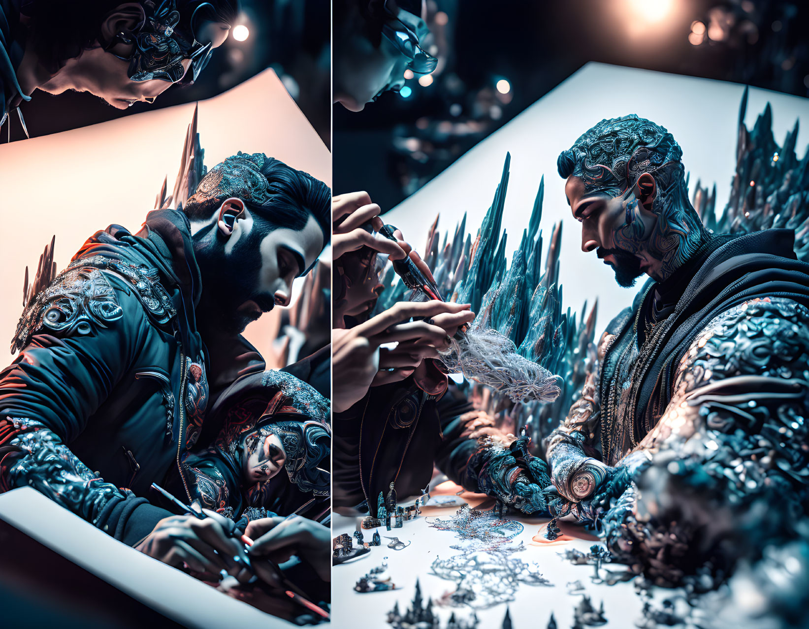 Detailed Figure Assembly Against Blue-Lit Backdrop