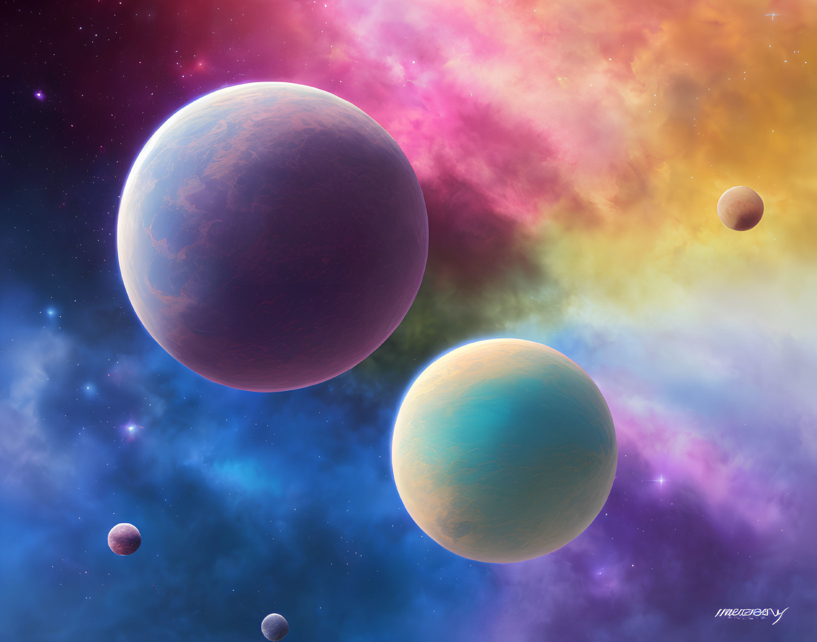 Colorful cosmic scene with multiple planets against vibrant nebula background