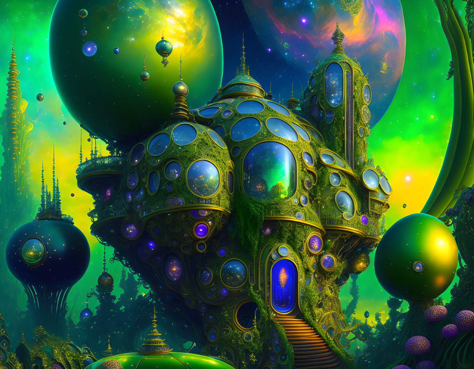 Colorful Fantasy Landscape with Dome Structure and Floating Spheres