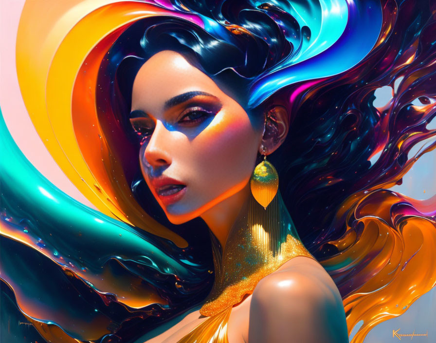 Colorful Abstract Digital Artwork: Woman with Flowing Hair